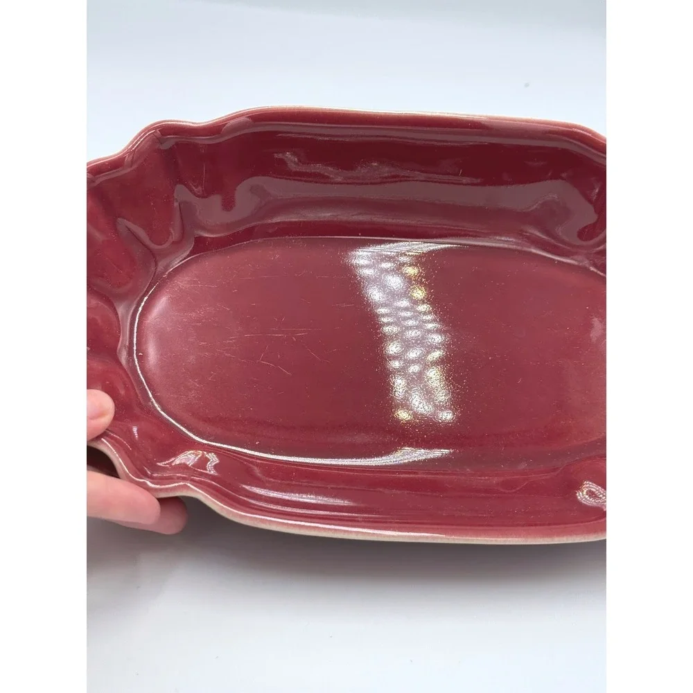 Deltis Stoneware Burgundy Red Scalloped Glazed Oval Serving Bowl Dish Portugal